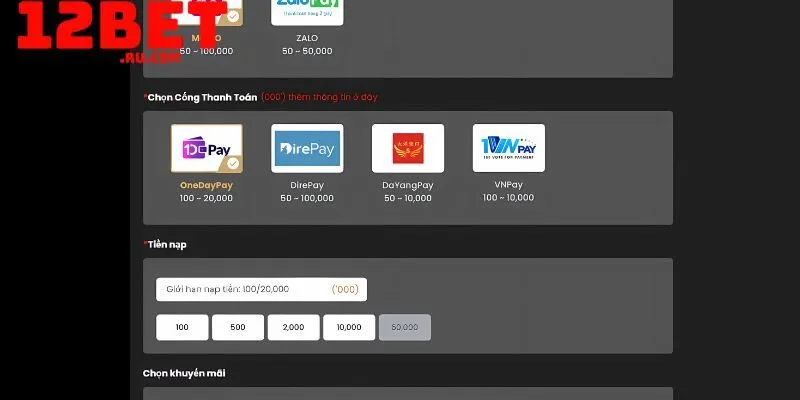 Nạp tiền 12BET qua ví điện tử nhanh gọn